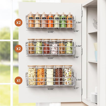 Mystozer 5 Pack Spice Rack Seasoning Organizer Wall Mount, Screw or Adhesive Hanging Shelf Basket Spice Organizer Pantry Organizers Shelf for Kitchen Spice Organization for Cabinet (Silver)