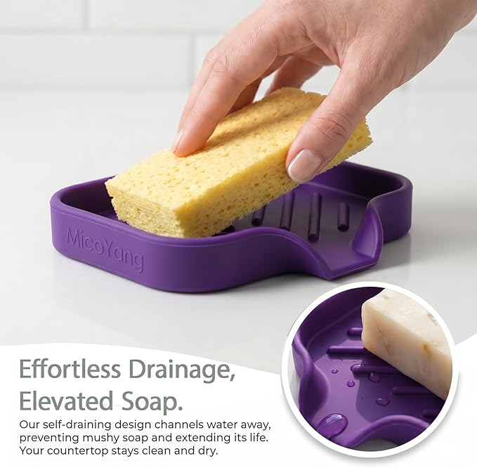 MicoYang Silicone Bathroom Soap Dishes with Drain Spout-Bathroom and Kitchen Sink Organizer,Sponge Holder,Dish Soap Tray,Perfect for Dispenser,Scrubber,Bottle,Cup on Sink or Counter-Purple 4.9"×3.2"