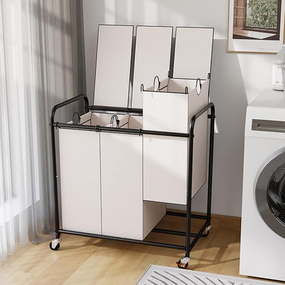 180L Laundry Sorter 3 Section – Heavy Duty Rolling Laundry Basket with Lockable Wheels and Lid, 3 Large Separate Removable Bags, Laundry Hamper Cart for Laundry Room Organizer (White)