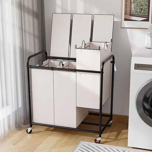 180L Laundry Sorter 3 Section – Heavy Duty Rolling Laundry Basket with Lockable Wheels and Lid, 3 Large Separate Removable Bags, Laundry Hamper Cart for Laundry Room Organizer (White)