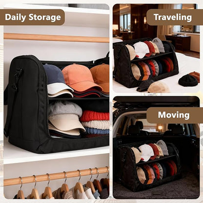 Gugxiom Large Hat Bag for Baseball Caps, Portable Hat Carrier Holder Case for 24 Caps，Black Hat Storage Bag for Travel,Business Trips，Home Organisation and Moving House