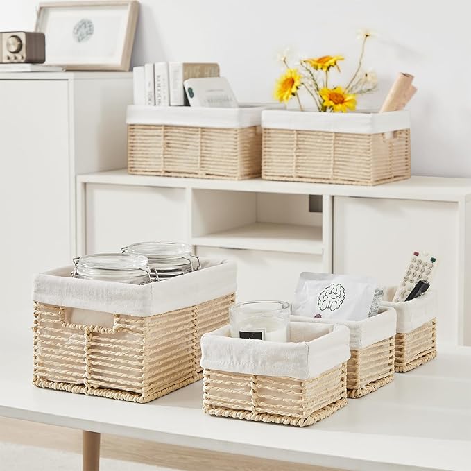 Vagusicc Wicker Storage Baskets, 6 Pack Baskets for Organizing, Wicker Basket with Handle, Rectangular Basket for Storage Shelves, Cube Storage Bins for Closet/Clothes/Dresser, Beige