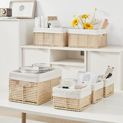 Vagusicc Wicker Storage Baskets, 6 Pack Baskets for Organizing, Wicker Basket with Handle, Rectangular Basket for Storage Shelves, Cube Storage Bins for Closet/Clothes/Dresser, Beige