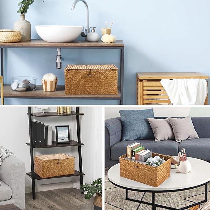 Hipiwe Wicker Shelf Baskets Bin with Lid, Handwoven Seagrass Basket Storage Bins Rectangular Household Basket Boxes for Shelf Wardrobe Home Organizer, Caramel X-Large