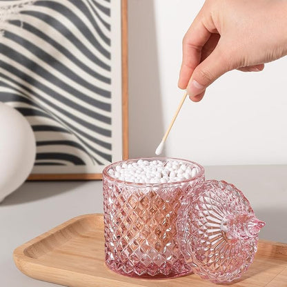 2 Pack Qtip Holder Thick Glass Apothecary Jars with Lid for Bathroom Decor Storage Organizer for Cotton Swabs, Balls, Pads, Floss Picks, Candy, Jewelry, Pink