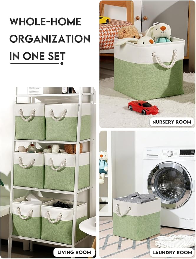 Temary 11 Inch Cube Storage Bins - 6 Pack Foldable Fabric Storage Baskets with Soft Rope Handles, Sturdy Organizer Cubes with Metal Frame for Shelves, Closet, Office & Home Organization (White&Green)