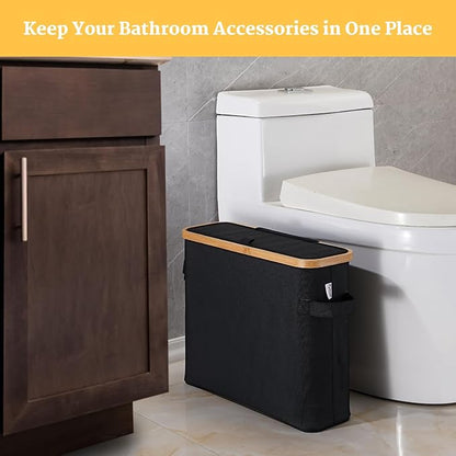 Toilet Paper Storage Basket with Lid for Mega Rolls, Large Bamboo Toilet Paper Organizer Holder Stand for Bathroom, Enclosed Tissue Storage Bin Box Container Free Standing, Black