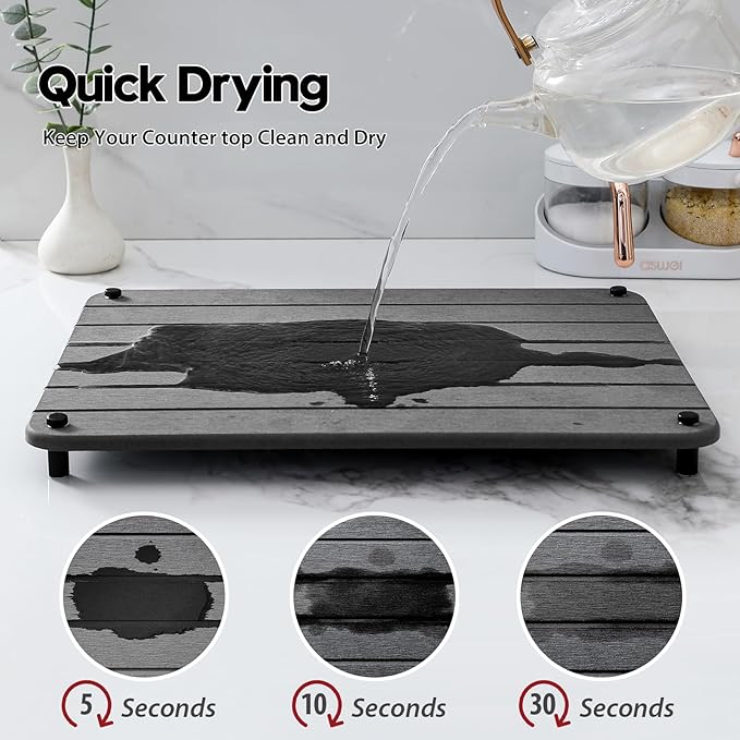 Razborci Stone Dish Drying Mat for Kitchen Counter, Water Absorbing Bathroom Tray Sink Organizer, Diatomaceous Earth Countertop Dish Rack Riser Sponge Holder Soap Dish, Dark Gray, 16" x 12"