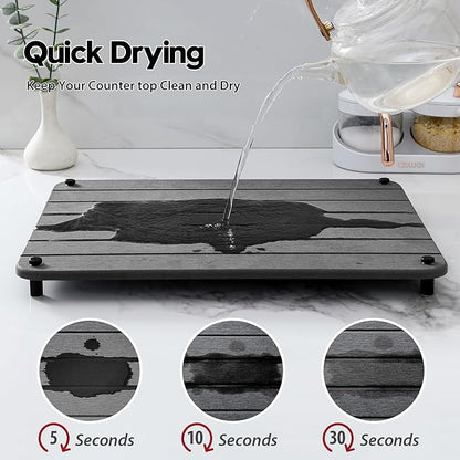 Razborci Stone Dish Drying Mat for Kitchen Counter, Water Absorbing Bathroom Tray Sink Organizer, Diatomaceous Earth Countertop Dish Rack Riser Sponge Holder Soap Dish, Dark Gray, 16" x 12"
