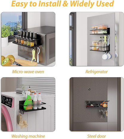Magnetic Spice Rack for Refrigerator, 2 Pack Magnetic Shelf, Fridge Magnet Organizer with Moveable 6 Hooks, Magnetic Fridge Shelf for Kitchen Organization and Storage(Black, 2 Pack)