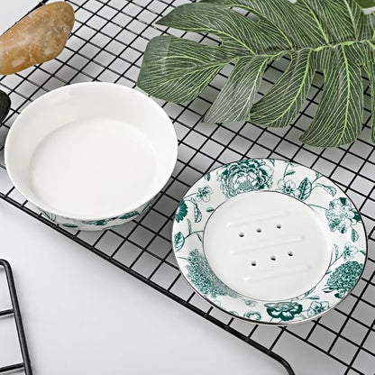 Floral Decorative Self Draining Soap Dish, Double-Layer Round Soap Tray, Vintage Ceramic Soap Dish (Style D)