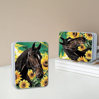 Metal Tin Box with Lid for Game Cards Home Organizer Candles Keys Crafts Storage - Equipped with 4 Magnetic Cord Clips，Horses and Sunflowers