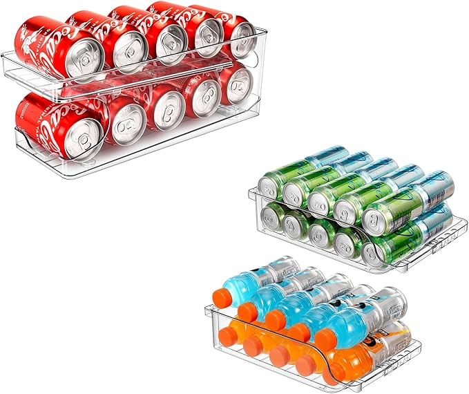 Rolling Soda Can Organizer and 2 Packs Clear Width Adjustable Soda Can Organizer for Refrigerator for Beer Soda Seltzer Drink Pop Cans Holder Storage Pantry Organization