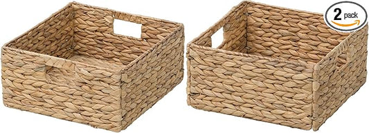 eHemco Large Square Woven Hyacinth Wicker Pantry Storage Baskets with Iron Wire Frame, 12"x12"x6", Natural, Set of 2