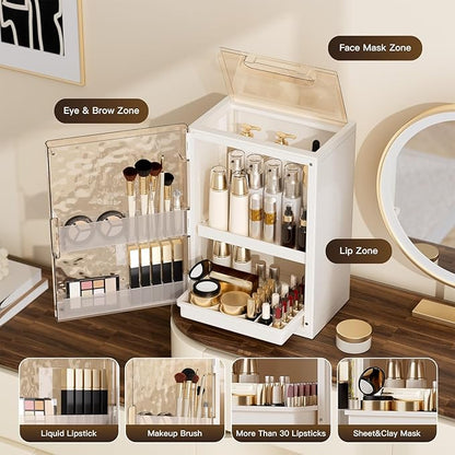Makeup Organizer with Drawers,Skincare Organizer for Vanity,Large Cosmetic Display Case with Handle,Storage Organizers with Cover and Makeup Brush Holder for Dresser, Bathroom Countertop