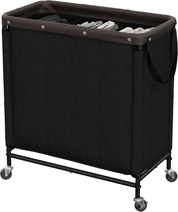 StorageWorks 3 Section Laundry Hamper, Rolling Laundry Cart with Wheels and Handles, Laundry Room Double Sorter for Organizer and Storage, 31.7 Gal(120L), Black