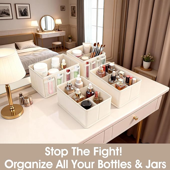 Cosmetic Storage Bins Makeup Organizer, Adjustable Multifunction Storage Box Desk Drawer Divider for Makeup Brushes, Bathroom Countertop or Dresser, Set of 4