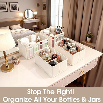 Cosmetic Storage Bins Makeup Organizer, Adjustable Multifunction Storage Box Desk Drawer Divider for Makeup Brushes, Bathroom Countertop or Dresser, Set of 4
