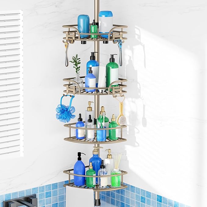 HAMITOR Shower Caddy Corner Tension Pole: 4-Tier Large Capacity Bathroom Organizer Shelves - Rustproof No-Drill Adjustable 47-123 inch Shower Storage for Renters, Home Bathtub Stand Rack, Tan Khaki