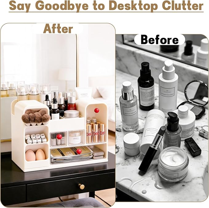 Makeup Organizer for Vanity with Brush Holder, Large Cosmetic & Skincare Organizer Countertop with Muti-Drawers, Cosmetic Display Case for Lipsticks, Nail Polishes, Perfumes, Eyeshadow (cream)