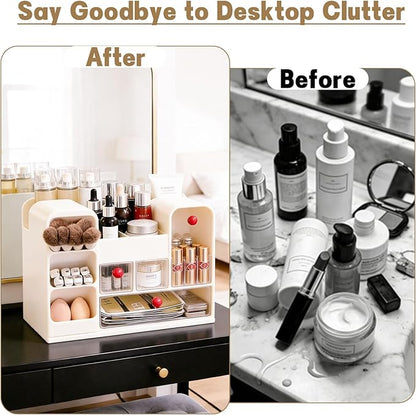 Makeup Organizer for Vanity with Brush Holder, Large Cosmetic & Skincare Organizer Countertop with Muti-Drawers, Cosmetic Display Case for Lipsticks, Nail Polishes, Perfumes, Eyeshadow (cream)