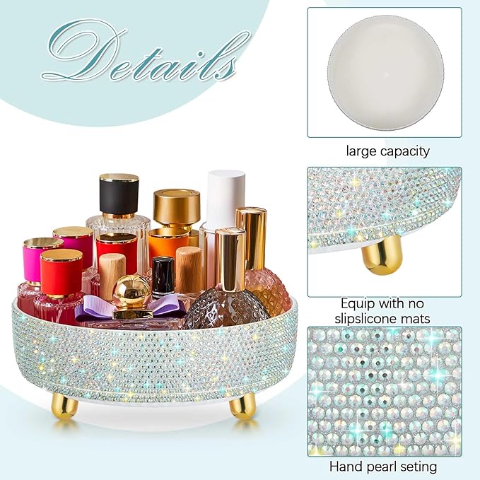 Honeydak White Bling Perfume Makeup Organizer Bling Mother's Day Nurses Day Gifts for Women Bathroom Organizers and Storage 360 Rotating Makeup Organizer for Countertop(Resin Stone)