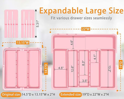 Homecor Utensil Drawer Organizer for Kitchen, Expandable Silverware Organizer Cooking Utensils Tray, Large Cutlery and Flatware Holder, Kitchen Tools & Gadgets Storage (Pink)