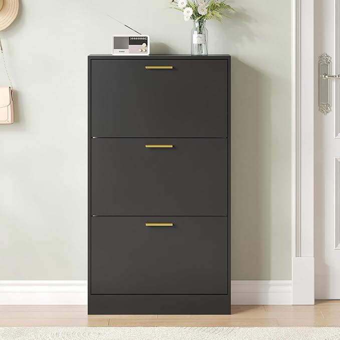 Shoe Cabinet with 3 Flip Drawers, Shoe Cabinet Storage for Entryway, Black Modern Shoe Organizer Wood, Freestanding Small Thin Shoe Racks with Doors, Black