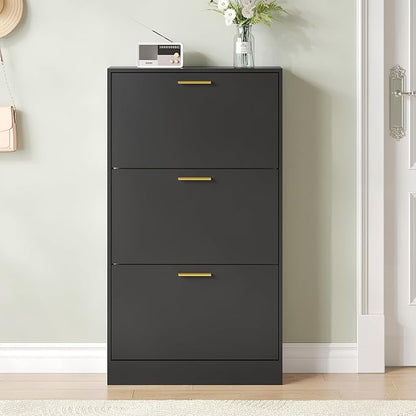 Shoe Cabinet with 3 Flip Drawers, Shoe Cabinet Storage for Entryway, Black Modern Shoe Organizer Wood, Freestanding Small Thin Shoe Racks with Doors, Black
