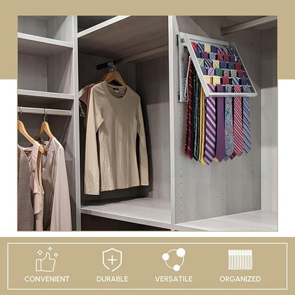 Blulu 13.8'' Sliding Tie Rack for Closet(Left Pull-Out), 60 Tie Pull Out Belt Hanger Wall Mounted Extending Metal Belt Organizer,Sliver