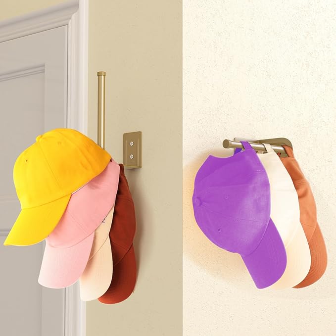 Durmmur 2 Pack Hat Racks for Baseball Caps, Stainless Steel Hat Organizer for Baseball Cap, Hat Holder Storage Organizer, Hat Hanger Strong Adhesive/Wall Drilled for Door, Bedroom, Closet(Gold 6 in)