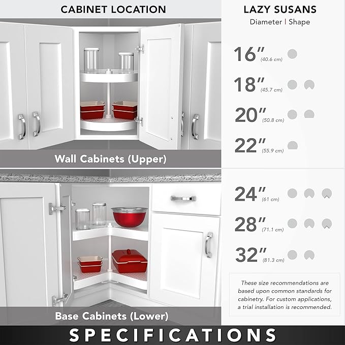 Rev-A-Shelf 18" Single Full Circle Lazy Susan Organizer for Diagonal Corner Kitchen Cabinets, Wooden Turntable Tray with Swivel Bearings, 4WLS001-18-B52