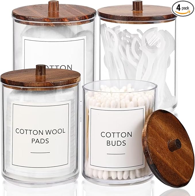 4 Pack Qtip Holder Dispenser with Wood Lids - 10 oz Clear Plastic Apothecary Jar Containers for Vanity Makeup Organizer Storage - Bathroom Accessories Set for Cotton Swab,Pads, Ball, Floss