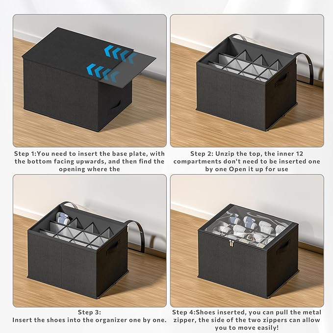 2 Pack Shoe Organizer for Closet - Shoe Storage Bins with Clear Cover, Fabric Shoe Storage Containers with Reinforced Handles, Fits up to 24 Pairs (Black, 16.5 * 12.6 * 12.2in)