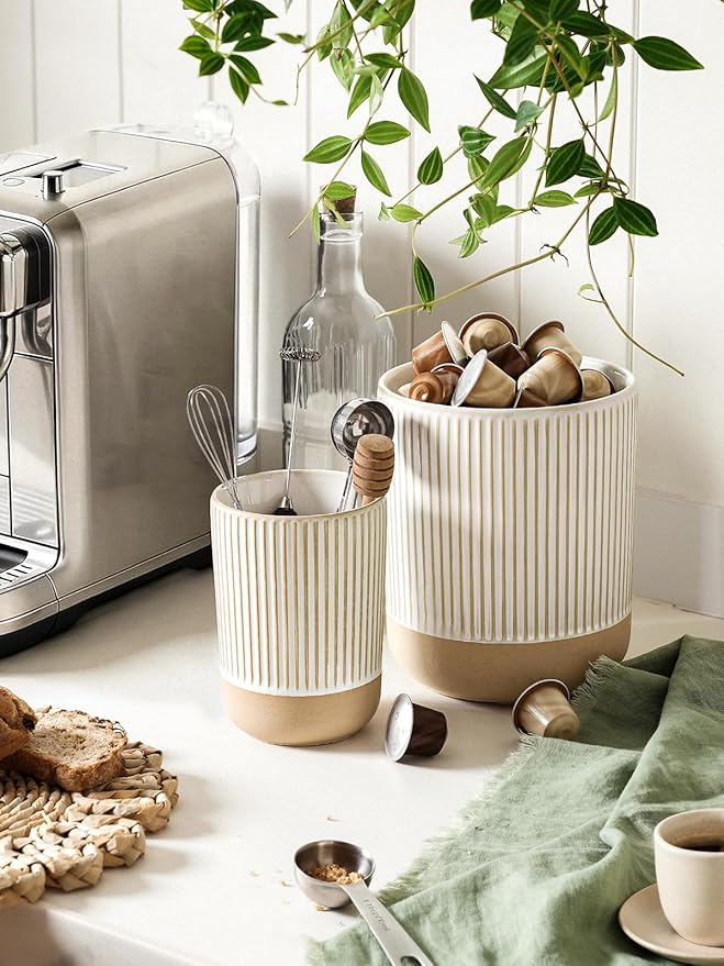 LE TAUCI Ceramic Utensil Holder for Kitchen Counter - 6.9"+5.3" Large Kitchen Utensil Holder Set of 2, Cooking Utensil Crock & Organizer for Spatula, Spoon - Modern Kitchen Decor, Cream Beige, Line