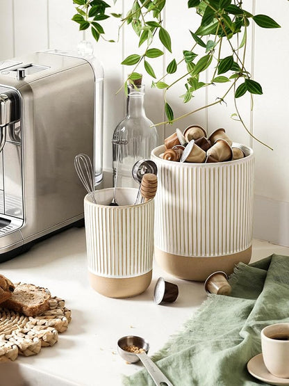 LE TAUCI Ceramic Utensil Holder for Kitchen Counter - 6.9"+5.3" Large Kitchen Utensil Holder Set of 2, Cooking Utensil Crock & Organizer for Spatula, Spoon - Modern Kitchen Decor, Cream Beige, Line