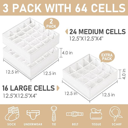 Criusia 3 Pack Sock Underwear Drawer Organizer Dividers, 64 Cell Fabric Foldable Cabinet Closet Organizers and Storage Boxes for Storing Socks, Panties, Ties (16+24+24 Cell, White)