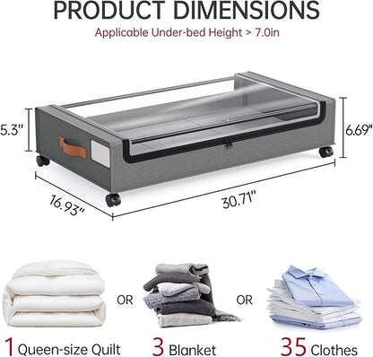 Yecaye Under Bed Storage with Wheels, 2 Pack Under Bed Storage Containers, Large Under Bed Rolling Storage with Clear Window & Label, Bedroom Storage Organizer for Clothes, Shoes, Books, Blankets