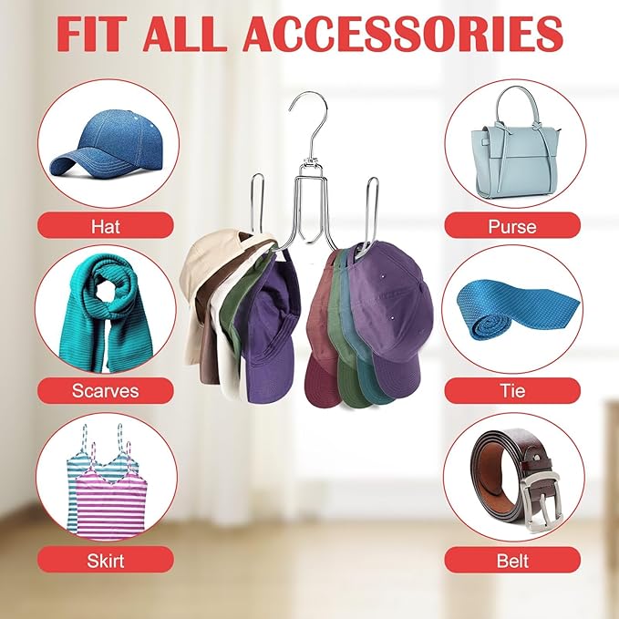 2 Pack Hat Hanger for Closet, Collapsible Metal Hat Organizer for Baseball Caps, Racks with 4 Big Hooks, 360° Rotation Space Saving Hangers, Better Organizer&Display for Tie, Scarves