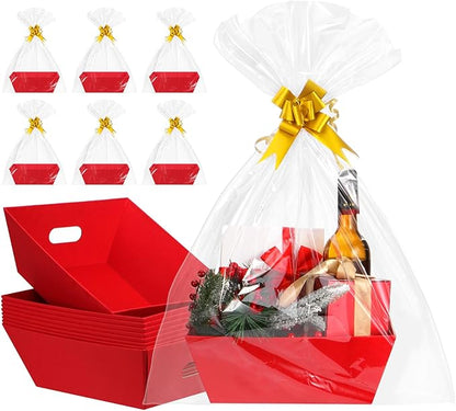 AFOROEOA 10PACK Red Baskets For Gifts Empty, 10x12”Thick Kraft Gift Basket with 10 Bows 10 Bags Empty Gift Baskets for Christmas, Easter, Birthdays, Snacks, Farmers Market