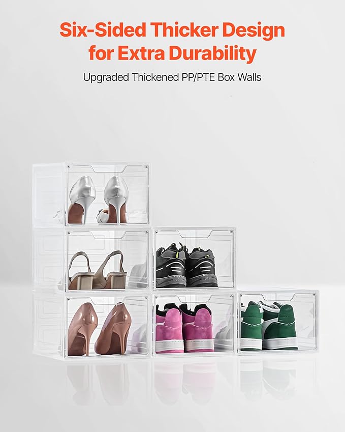 VEVOR Shoe Storage Boxes, 6 Pack Clear Stackable Shoe Boxes Storage Organizers with Magnetic Door, Fit up to US Size 13, Plastic Sneaker Containers for High Heels, Boots, and Hats, Transparent White