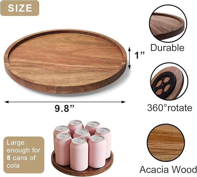 VERTORGAN Lazy Susan Organizer for Kitchen, Acacia Wood Turntable for Cabinet, Pantry, Table, Countertop, Vanity, Spice Rack（Medium）