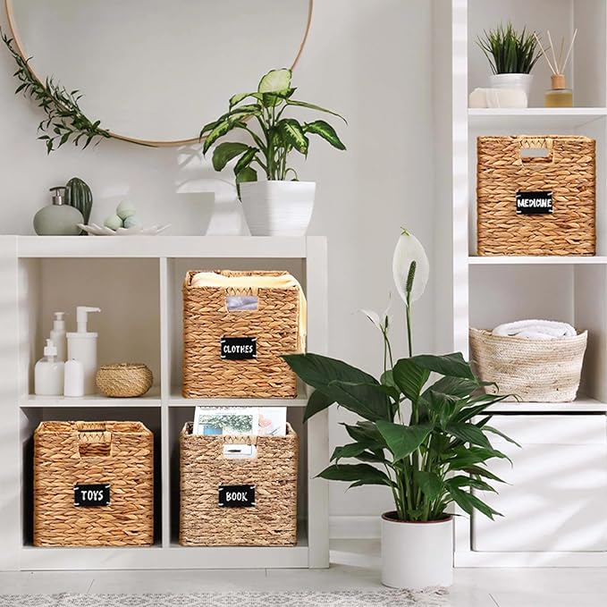 Jinei 12 Pcs Wicker Storage Basket Bulk, 12 x 12 Inch Handwoven Water Hyacinth Folding Cube Bin with Handles Labels for Shelves Pantry Laundry Organization