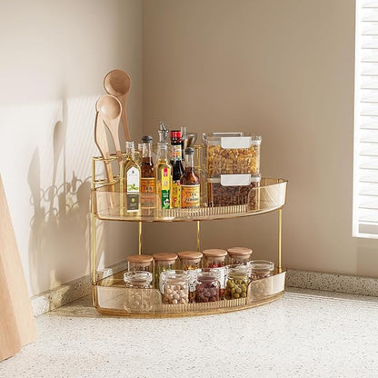 FELIZHOUSE 2-Tier Makeup Organizer for Vanity & Bathroom Countertop – Acrylic Storage Shelf with Perfume Tray & Makeup Brush Holder, Tool-Free Installation, Design for Bathroom & Dresser - Amber