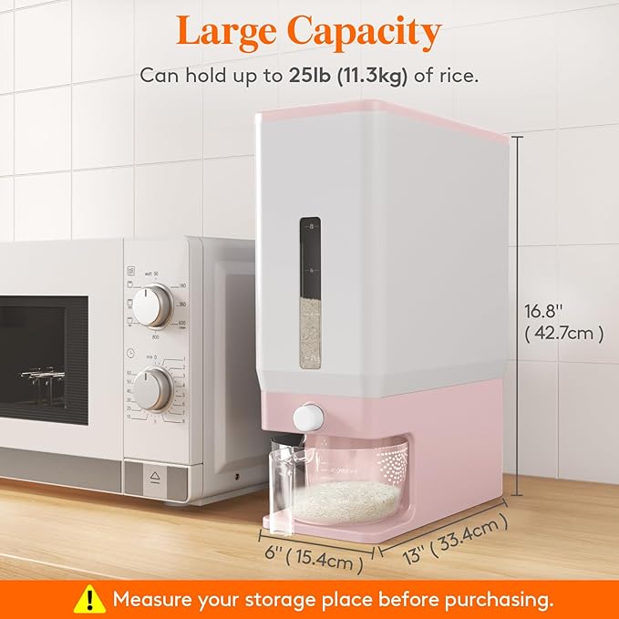 Lifewit Rice Dispenser 25 Lbs(11.3kg), Rice Storage Container Sealed Moisture Proof with Measuring Cup for Kitchen Pantry Household, BPA-Free, 1 Pack Pink