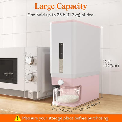 Lifewit Rice Dispenser 25 Lbs(11.3kg), Rice Storage Container Sealed Moisture Proof with Measuring Cup for Kitchen Pantry Household, BPA-Free, 1 Pack Pink