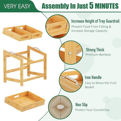 2-Tier Stackable Can Rack Organizer for Pantry, Fruit Basket, 2 Tier Bamboo Fruits Basket Stand for Kitchen Countertop, Tray Suitable for Bread, Vegetables, Produce