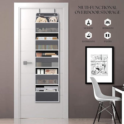 TYMENSH Gray Over Door Organizer with 5 Large Clear Pockets and 6 Side Mesh Pockets, Anti-Tilt Hanging Door Storage for Closet, Bathroom, Bedroom, Dorm, Nursery, Toys