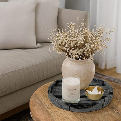 Travertine Tray, Small Ceramic Vanity Tray for Bathroom Counter Decor, Round Marble Decorative Trays for Coffee Table (Grey Black, Medium Size)