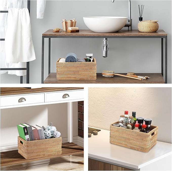 Hipiwe Handwoven Rattan Basket Wicker Storage Basket Box with Build-in Handles Natural Open Storage Bin for Shelf Bathroom Living Room Kitchen, 13" x 8.7" x 5.9"